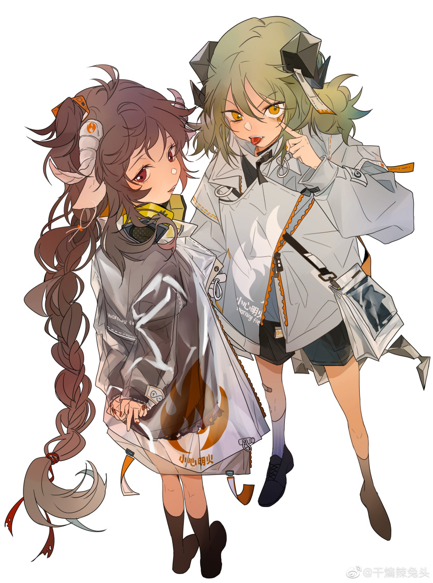 2girls absurdres animal_ears arknights bag blonde_hair boots braid brown_hair coat eyjafjalla_(arknights) highres horns ifrit_(arknights) long_hair mask multiple_girls red_eyes twin_braids white_background yellow_eyes