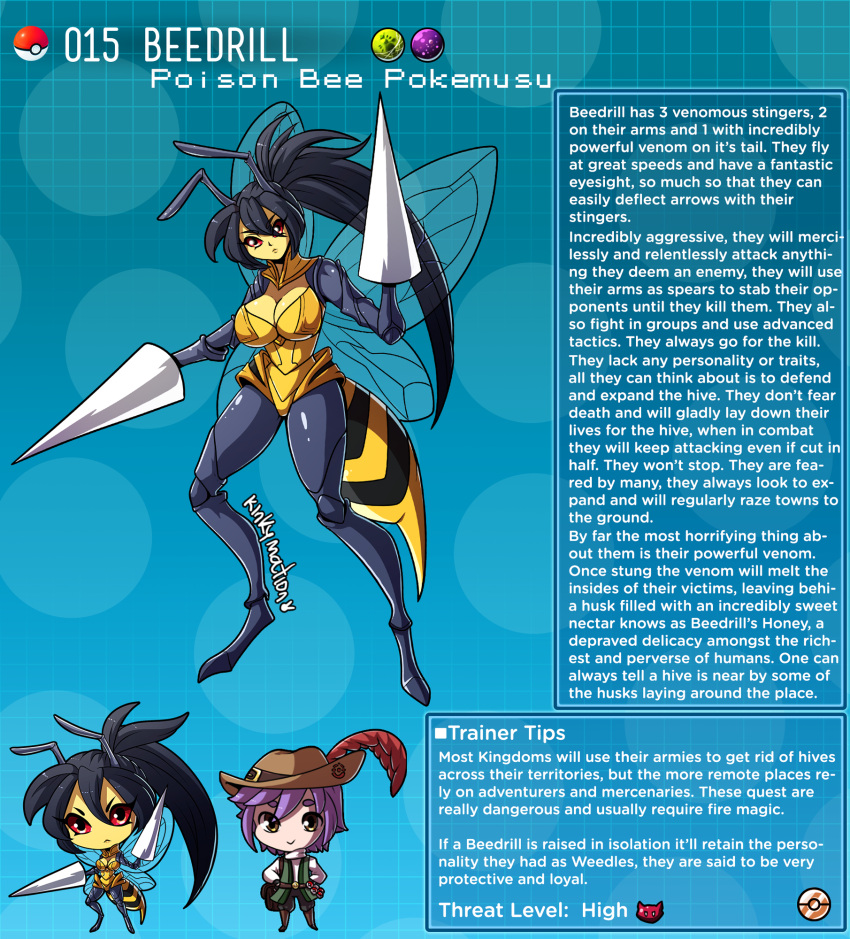 1boy 1girl antennae arthropod_legs artist_name bee_girl black_hair breasts brown_eyes digitigrade english_commentary english_text gen_1_pokemon highres insect_girl insect_wings kinkymation large_breasts long_ponytail monster_girl poke_ball pokemon ponytail profile purple_hair red_eyes stinger wings