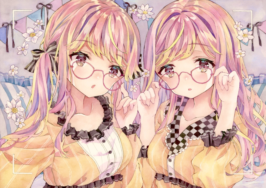 2girls adjusting_eyewear buttons checkered collarbone flower frilled_sleeves frills glasses hair_ribbon highres long_hair long_sleeves multiple_girls nightgown open_mouth original pajamas pink_eyes pink_hair ribbon siblings striped striped_ribbon traditional_media twins twintails watercolor_(medium) yellow_nightgown yukoring