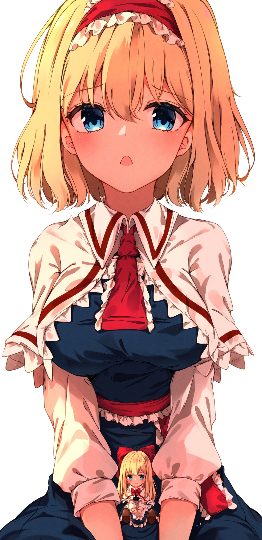 1girl :d absurdres alice_margatroid ascot blonde_hair blue_dress blush bow breasts capelet dress frilled_ascot frilled_capelet frilled_hairband frills hair_between_eyes hair_bow hairband highres hunya large_breasts lolita_hairband looking_at_viewer medium_hair open_mouth red_bow red_hairband red_neckwear shanghai_doll simple_background sitting sitting_on_lap sitting_on_person smile solo touhou white_background white_capelet