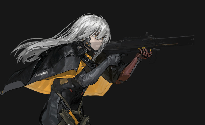 1girl absurdres aiming assault_rifle bangs closed_mouth cyborg elbow_gloves from_side gloves grey_background grey_gloves gun hair_between_eyes hair_over_eyes highres holding holding_gun holding_weapon long_hair looking_away mechanical mechanical_arm original pouch qiongsheng rifle silver_hair solo strap transparent_weapon trigger_discipline upper_body weapon yellow_eyes
