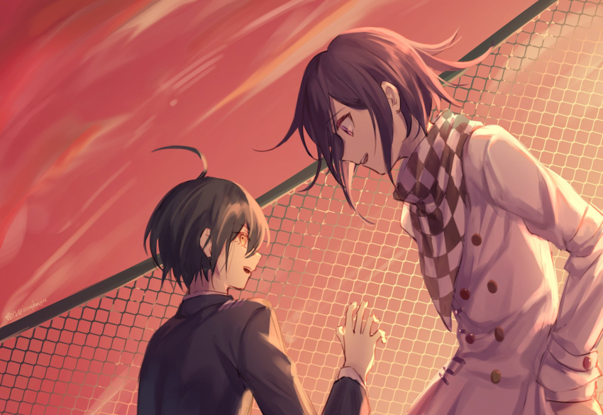 2boys :d against_fence ahoge bangs black_hair black_jacket brown_eyes chain-link_fence checkered checkered_scarf commentary_request dangan_ronpa_(series) dangan_ronpa_v3:_killing_harmony double-breasted dutch_angle ewa_(seraphhuiyu) fence hand_on_hip hand_up highres jacket long_sleeves looking_at_another male_focus multiple_boys open_mouth ouma_kokichi purple_hair red_sky saihara_shuuichi scarf short_hair sky smile sunset upper_body upper_teeth