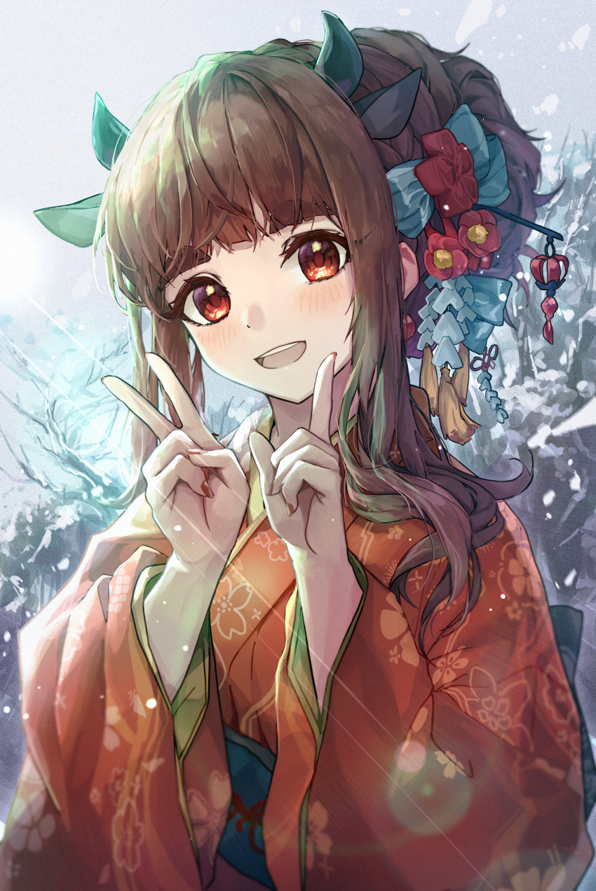 1girl :d absurdres bangs blunt_bangs blush braid brown_hair commentary_request day eyebrows_visible_through_hair floral_print flower green_ribbon hair_flower hair_ornament hair_ribbon highres huge_filesize idolmaster idolmaster_cinderella_girls index_finger_raised japanese_clothes kamiya_nao kimono lens_flare light_rays long_hair looking_at_viewer nail_polish open_mouth outdoors red_eyes red_kimono red_nails ribbon shino_sto sidelocks smile snow solo tassel thick_eyebrows tree updo upper_body upper_teeth v wide_sleeves