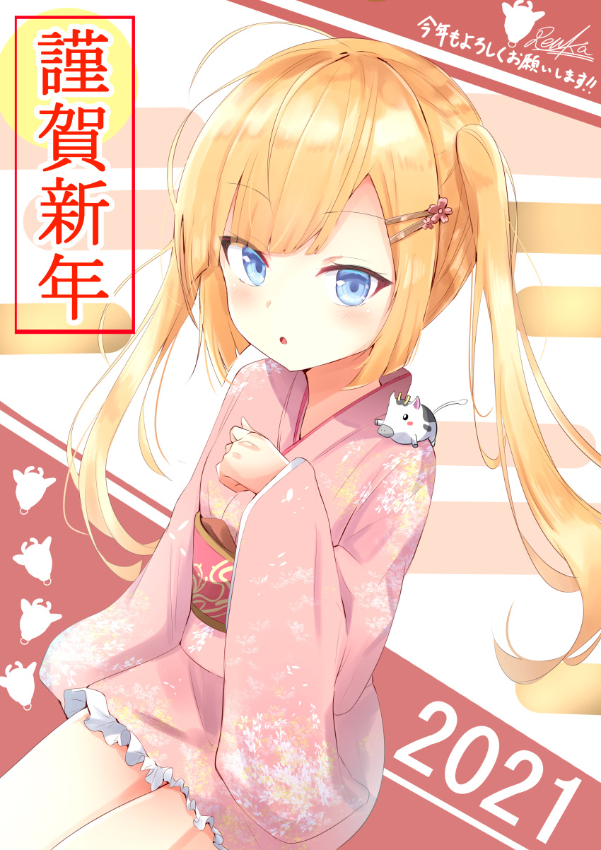 1girl 2021 :o absurdres bangs blonde_hair blue_eyes blush commentary_request eyebrows_visible_through_hair floral_print flower from_above hair_flower hair_ornament hairclip hand_up happy_new_year highres japanese_clothes kimono kotoyoro long_hair long_sleeves looking_at_viewer new_year obi original parted_bangs pink_kimono print_kimono renka_(cloudsaikou) sash shiny shiny_hair short_kimono short_yukata sidelocks signature sitting solo stuffed_animal stuffed_toy twintails wide_sleeves yukata