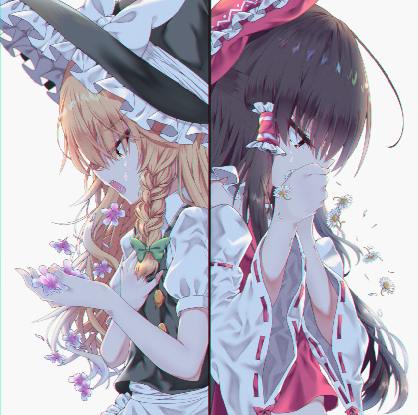2girls apron arms_up bangs black_hair black_headwear black_vest blonde_hair braid commentary_request coughing_flowers covering_mouth daisy detached_sleeves flower from_side hair_ribbon hair_tubes hakurei_reimu hand_on_own_chest hat hat_ribbon highres holding holding_flower kirisame_marisa long_hair looking_down midriff_peek multiple_girls open_mouth puffy_short_sleeves puffy_sleeves rankasei red_eyes red_vest ribbon ribbon-trimmed_sleeves ribbon_trim shirt short_sleeves sidelocks single_braid split_screen standing tears touhou upper_body very_long_hair vest violet_(flower) waist_apron white_background white_shirt witch_hat yellow_eyes