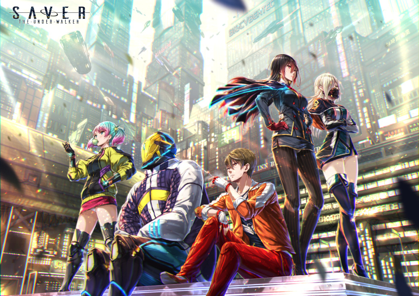 2boys 3girls aqua_eyes aqua_hair bangs black_gloves black_hair blonde_hair breasts brown_eyes brown_hair capelet city crossed_arms cyborg fingerless_gloves gloves gradient_hair hair_between_eyes hair_over_one_eye hands_on_hips helmet highres kazeno long_hair mask mechanical_arm medium_breasts mouth_mask multicolored_hair multiple_boys multiple_girls original panties pantyshot pink_hair pointy_ears red_eyes red_gloves science_fiction short_hair smoking thigh-highs two_side_up underwear white_panties