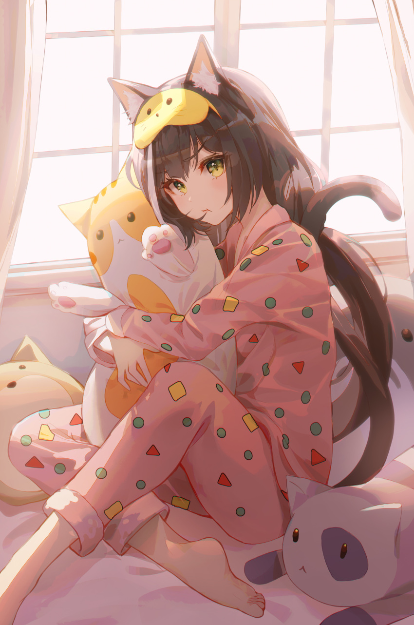 1girl :t absurdres animal_ear_fluff animal_ears bangs black_hair blush cat_ears cat_girl cat_tail closed_mouth commentary_request curtains eyebrows_visible_through_hair green_eyes head_tilt highres indoors karyl_(princess_connect!) long_hair long_sleeves looking_at_viewer low_twintails mask mask_on_head multicolored_hair object_hug pajamas pants pink_pajamas pink_pants pink_shirt princess_connect! princess_connect!_re:dive shirt sleep_mask solo streaked_hair stuffed_animal stuffed_cat stuffed_toy tail tail_raised twintails very_long_hair white_hair window zain_(jiha3905)