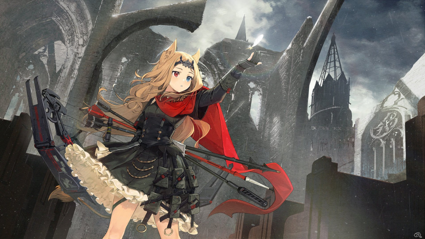 1girl animal_ears archetto_(arknights) arknights arm_up arrow_(projectile) black_gloves black_shirt black_skirt blonde_hair blue_eyes bow_(weapon) cape clouds cloudy_sky compound_bow day fox_ears fox_girl fox_tail frilled_skirt frills gloves heterochromia highres long_hair looking_away looking_up nagu outdoors parted_lips pleated_skirt rain red_eyes ruins shirt skirt sky solo standing tail underbust weapon