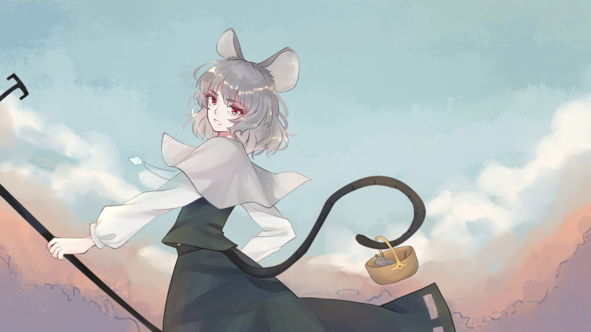 1girl animal animal_ears bangs basket black_skirt black_vest capelet clothing_cutout clouds cowboy_shot day dowsing_rod eyebrows_visible_through_hair from_behind grey_hair highres holding_rod jewelry long_sleeves looking_at_viewer looking_back mouse mouse_ears mouse_tail nazrin parted_lips pendant puffy_sleeves red_eyes shirt short_hair shuiwuyue_lian skirt skirt_set sky solo standing tail tail_hold touhou vest wallpaper white_capelet white_shirt