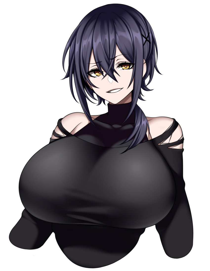 1girl absurdres bare_shoulders black_hair breasts camui_kamui hair_ornament hairclip highres large_breasts long_sleeves original short_hair solo turtleneck yellow_eyes