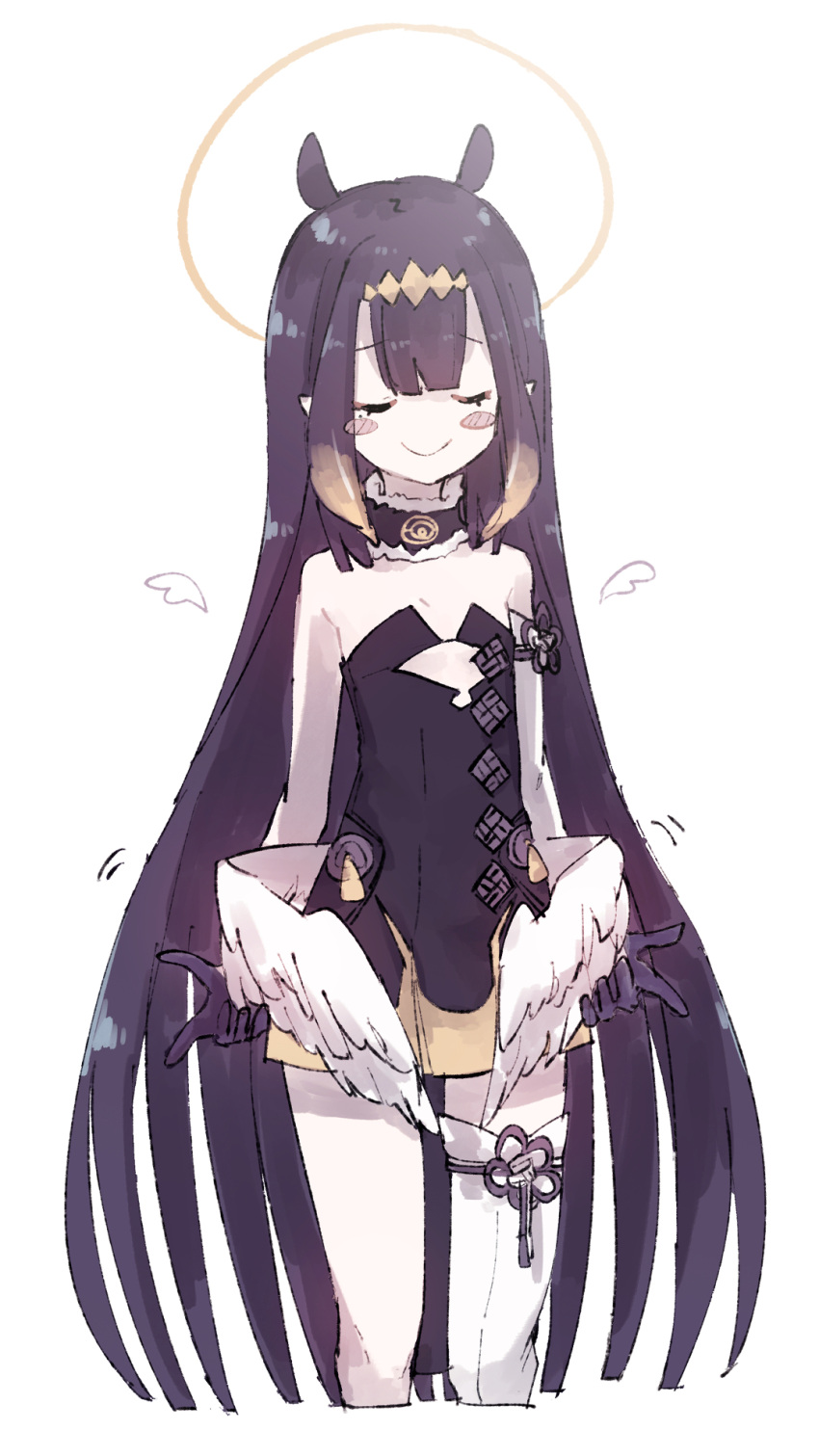 1girl animal_ears bangs black_dress blunt_bangs blush_stickers closed_eyes cowboy_shot diamond_hairband dress flat_chest gradient_hair halo highres hololive hololive_english long_hair low_wings mole multicolored_hair ninomae_ina'nis noranekogahara pointy_ears purple_hair sidelocks simple_background single_thighhigh smile solo thigh-highs very_long_hair virtual_youtuber white_background wings