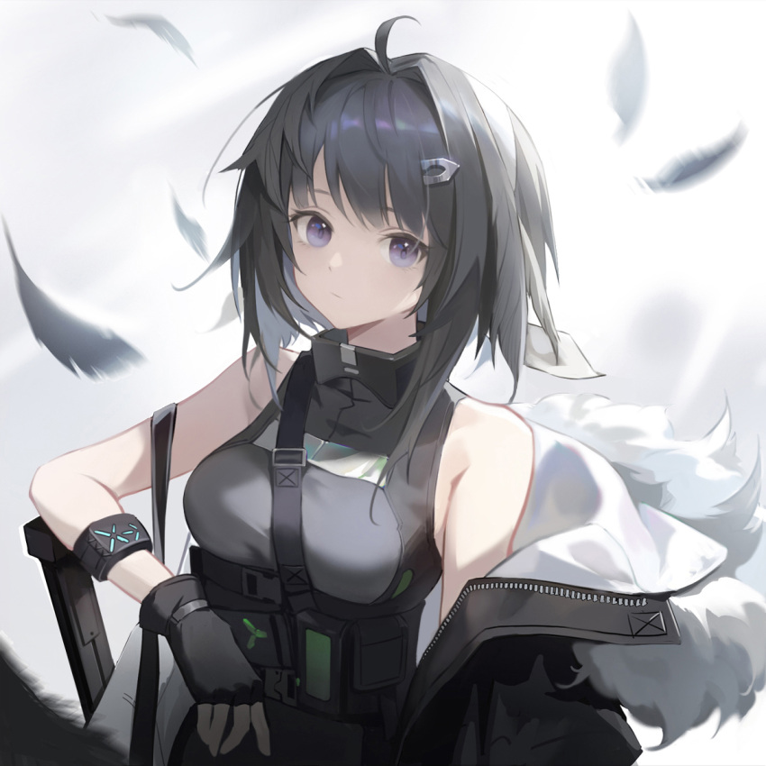 1girl arknights bare_shoulders black_coat black_eyes black_gloves black_hair closed_mouth coat commentary_request feather_hair feathers fur-trimmed_coat fur_trim gloves hair_ornament hairclip highres jacket la_pluma_(arknights) looking_at_viewer open_clothes open_coat pingdiguo