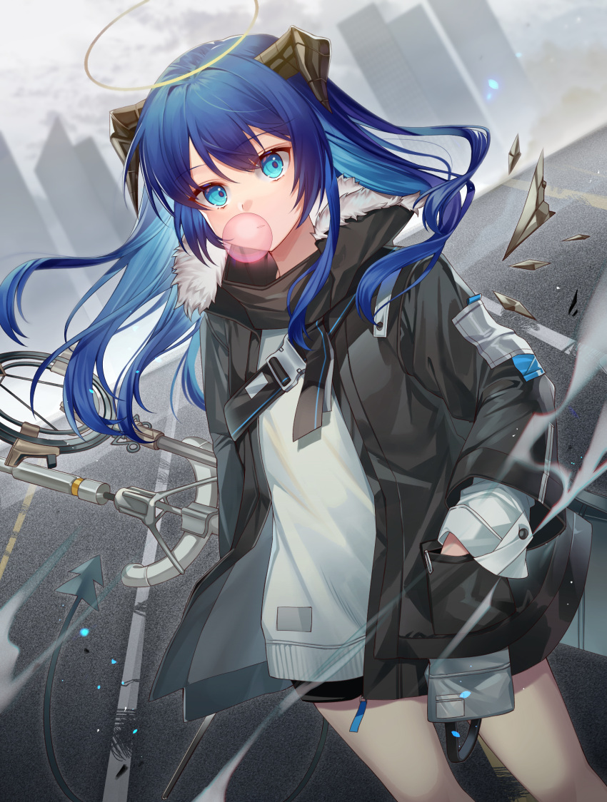 1girl arknights black_jacket blue_eyes bubble_blowing chewing_gum cityscape commentary day dutch_angle feet_out_of_frame fur-trimmed_jacket fur_trim halo hands_in_pockets highres hood hood_down hooded_jacket horns ion_(on01e) jacket long_hair long_sleeves looking_at_viewer mostima_(arknights) open_clothes open_jacket outdoors rooftop shirt solo standing tail weapon weapon_on_back white_shirt