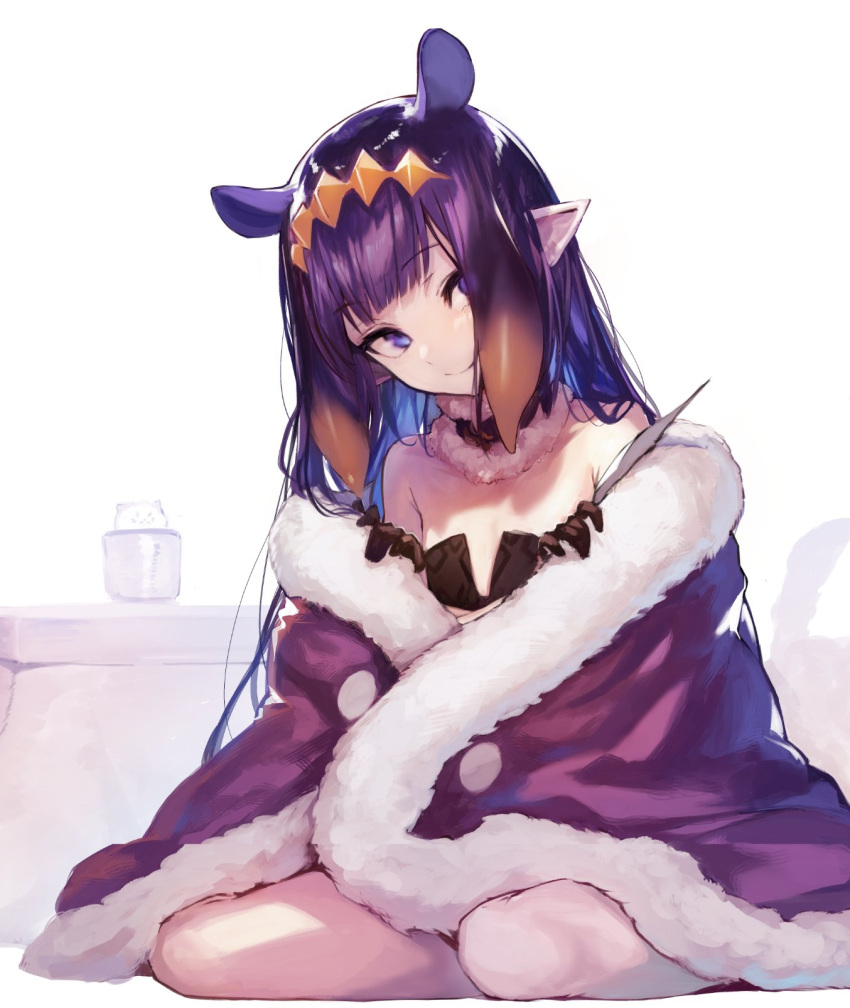 1girl akieda bare_legs bare_shoulders black_gloves black_leotard blanket closed_mouth commentary cup detached_collar extra_ears eyebrows_visible_through_hair flat_chest full_body fur-trimmed_collar gloves gradient_hair head_tilt highres hololive hololive_english kotatsu leotard long_hair looking_at_viewer multicolored_hair ninomae_ina'nis orange_hair pointy_ears purple_hair simple_background sitting smile solo table tentacle_hair thighs tiara two-tone_hair violet_eyes virtual_youtuber white_background