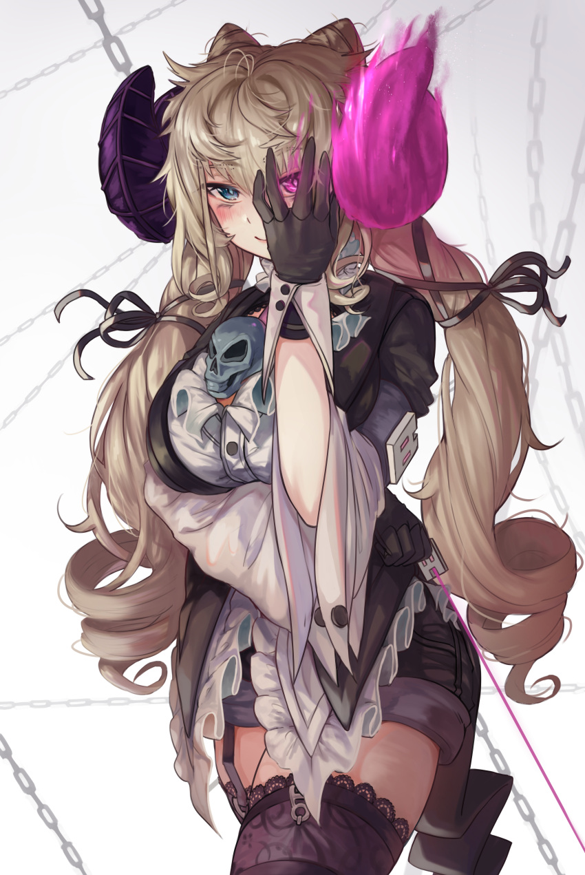 1girl absurdres arm_under_breasts bangs black_shorts blonde_hair blue_eyes blush breasts brown_gloves brown_jacket closed_mouth commentary_request contrapposto demon_horns flaming_horns garter_straps gloves hair_ribbon hand_on_own_face hand_up highres horns huge_filesize jacket lace_trim large_breasts long_hair looking_at_viewer original pink_eyes ribbon shirt short_sleeves shorts skull solo thigh-highs torriet white_shirt wide_sleeves