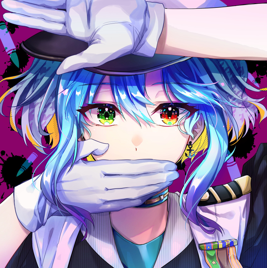 1girl absurdres anchor_earrings anchor_symbol bayaji0521 blue_hair blue_shirt choker covering_mouth earrings eyebrows_visible_through_hair gloves hair_between_eyes hand_over_own_mouth hat heterochromia highres jacket jewelry military military_jacket military_uniform original shirt solo uniform visible_ears white_gloves