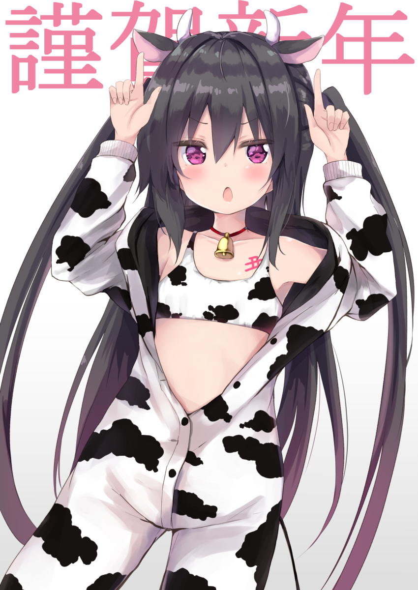 1girl amano_kouki animal_costume animal_ears animal_print arms_up background_text bangs bare_shoulders bell bell_choker black_hair bra choker collarbone commentary_request cow_costume cow_ears cow_horns cow_print eyebrows_visible_through_hair flat_chest gradient gradient_background gradient_hair grey_background hair_between_eyes highres hood hood_down horns horns_pose kemonomimi_mode long_hair looking_at_viewer multicolored_hair note-chan open_mouth original print_bra red_choker solo translation_request two_side_up underwear v-shaped_eyebrows very_long_hair violet_eyes white_background white_bra