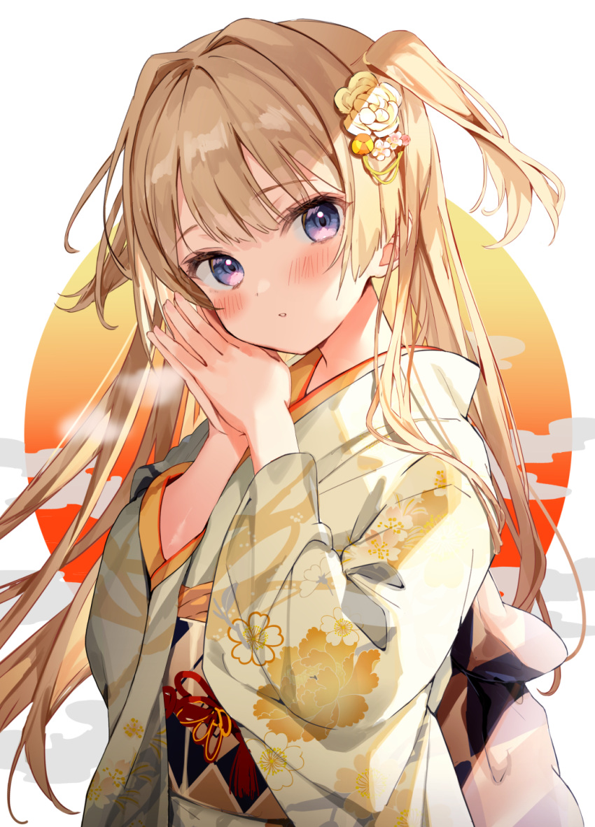 1girl anemone_(flower) blonde_hair blue_eyes blush closed_mouth commentary_request floral_print flower hair_flower hair_ornament hands_together head_tilt highres japanese_clothes kanda_done kimono long_hair looking_at_viewer new_year obi original parted_lips sash solo two_side_up white_background yukata