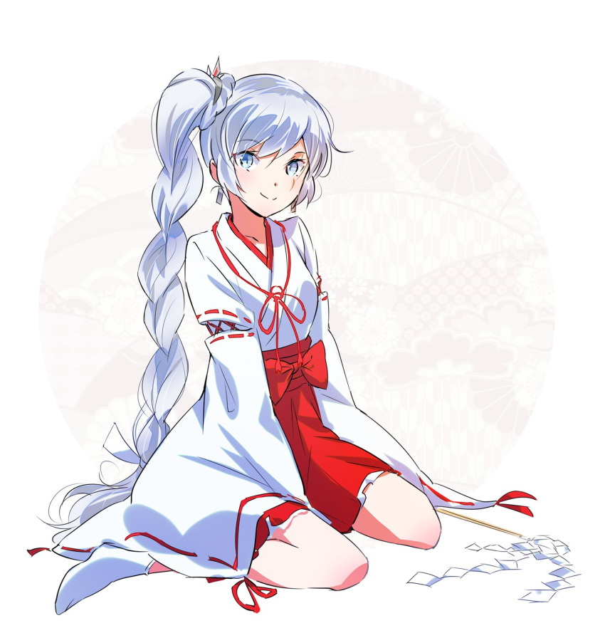 1girl blue_eyes hakama highres iesupa japanese_clothes kimono long_hair miko ponytail red_hakama ribbon-trimmed_sleeves ribbon_trim rwby scar scar_across_eye side_ponytail solo tabi weiss_schnee white_hair white_kimono wide_sleeves