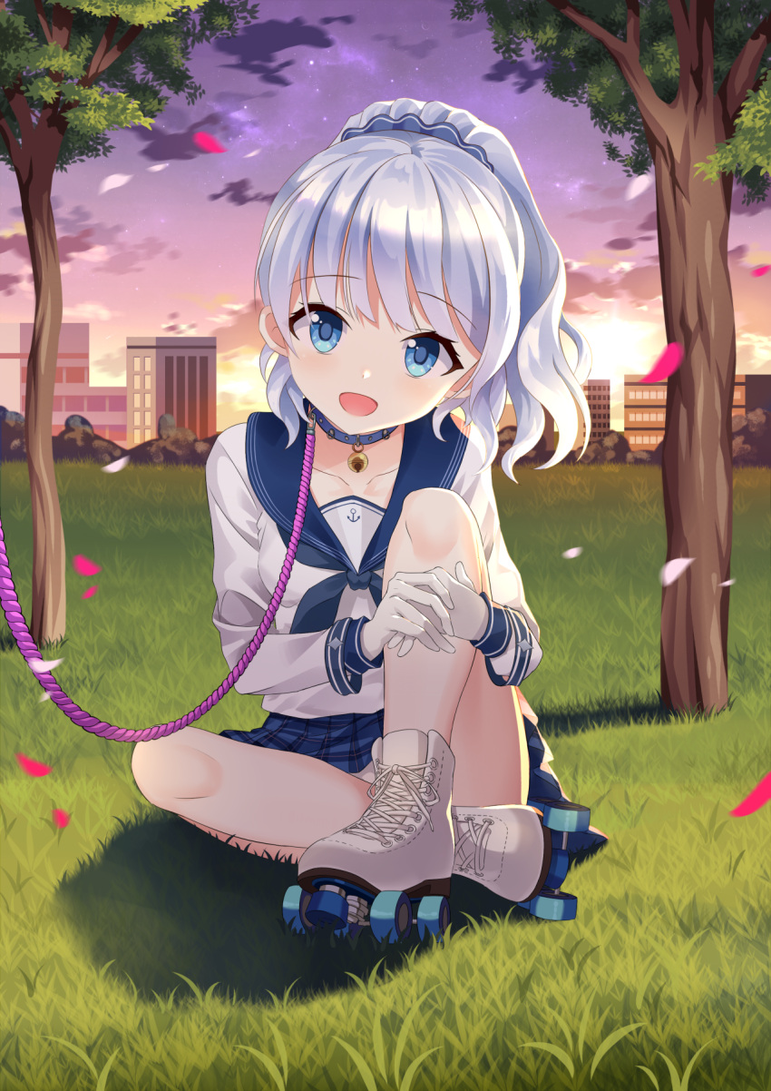 1girl bell blue_eyes blue_skirt boots building cherry_blossoms chinese_commentary clouds collar commentary_request crossed_legs gloves highres jingle_bell knee_up leash legs long_hair looking_at_viewer miniskirt okazakileo open_mouth outdoors panties panty_peek petals ponytail roller_skates rope school_uniform serafuku shirt shoelaces sigsbee_(warship_girls_r) silver_hair sitting skates skirt sky smile solo thighs tree underwear upskirt warship_girls_r white_footwear white_gloves white_panties white_shirt