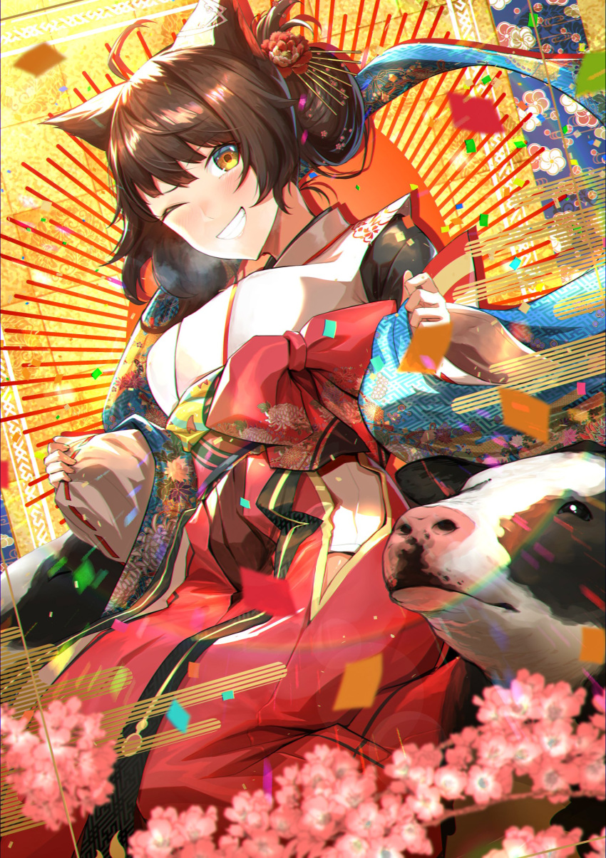 1girl absurdres animal_ears bow breasts brown_hair chinese_zodiac cow double_bun fumi_(nijisanji) hakama highres japanese_clothes kuri_giepi medium_breasts miko nijisanji one_eye_closed red_bow smile solo virtual_youtuber wide_sleeves year_of_the_ox yellow_eyes