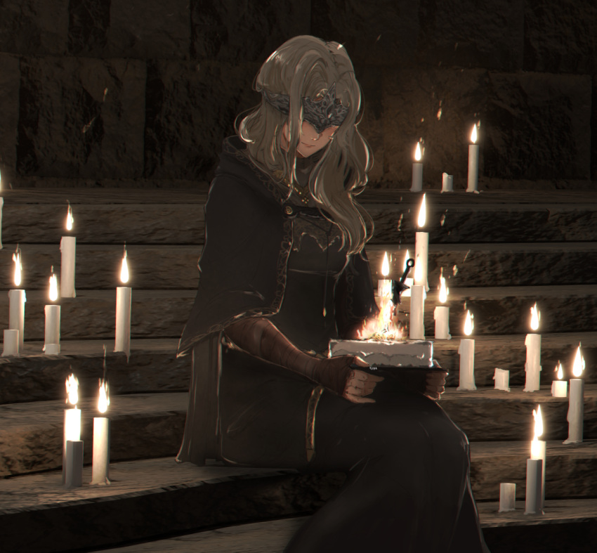 1girl black_dress blender_(medium) blindfold blonde_hair bonfire bonfire_(dark_souls) breasts cake candle cape capelet clip_studio_paint_(medium) cloak closed_mouth covered_eyes dark_souls dark_souls_iii dress fire fire_keeper flame food giya gloves holding holding_cake holding_food jewelry lips long_hair mask medium_breasts necklace sitting smile solo souls_(from_software) stairs stone stone_stairs stone_wall sword wall weapon