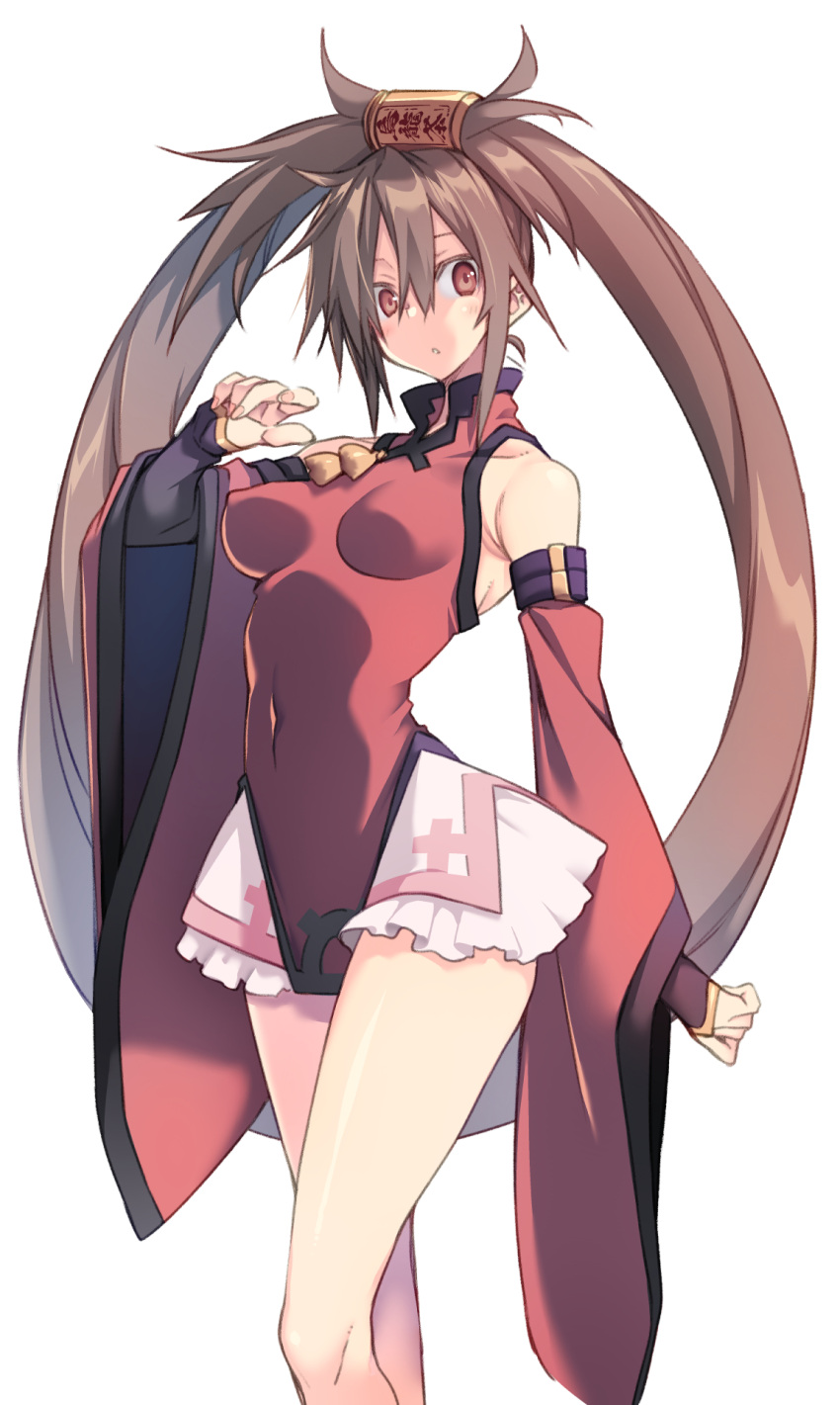 10mo 1girl bangs blush brown_eyes brown_hair china_dress chinese_clothes covered_navel covered_nipples detached_sleeves dress frilled_skirt frills guilty_gear guilty_gear_x guilty_gear_xx hair_between_eyes hair_ring highres kuradoberi_jam long_hair looking_at_viewer simple_background skirt solo thighs twintails white_background wide_sleeves