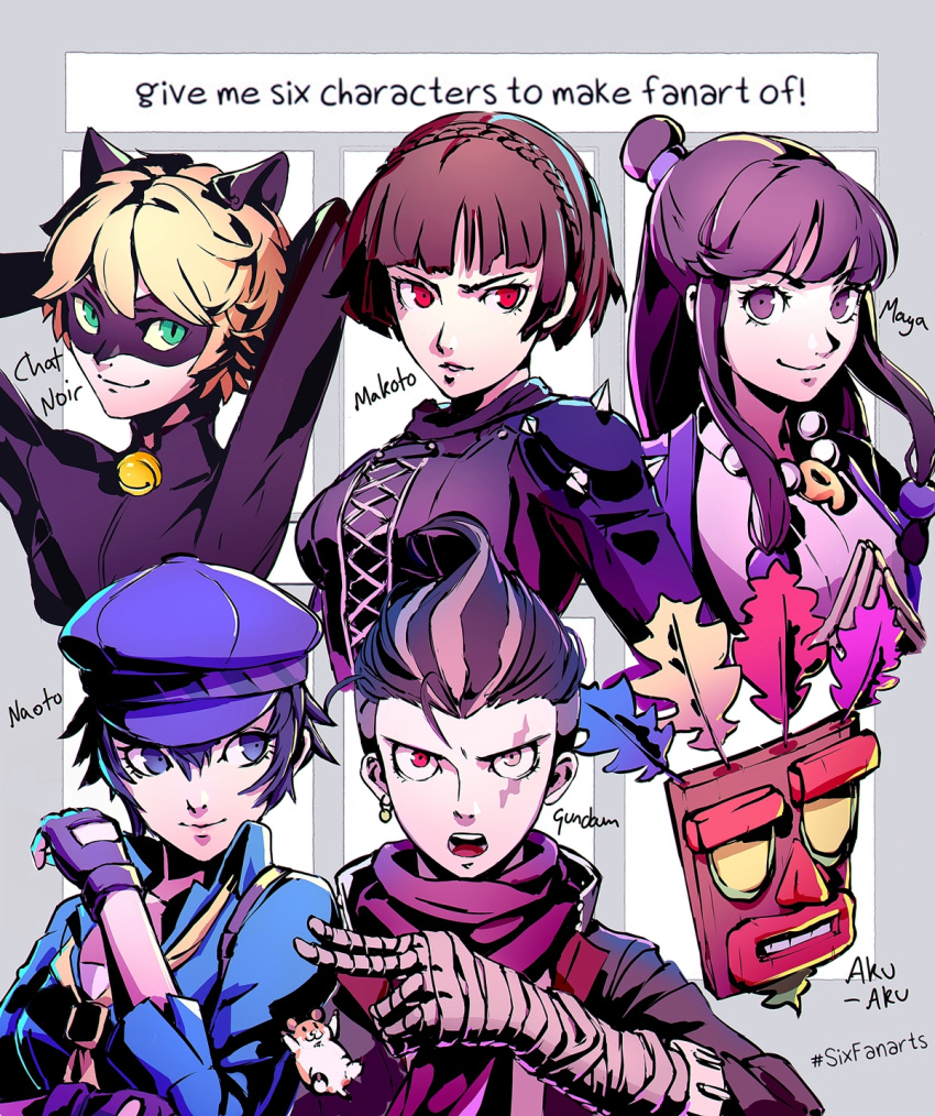 2boys 3girls aku_aku animal_ears arms_behind_head ayasato_mayoi bandaged_arm bandaged_hand bandages bangs blonde_hair blue_eyes blue_hair blue_headwear blue_shirt braid breasts brown_eyes brown_hair cat_ears character_name chat_noir collared_shirt commentary crash_bandicoot cropped_torso crossover dangan_ronpa_(series) dangan_ronpa_2:_goodbye_despair datcravat english_commentary english_text fake_animal_ears french_braid green_eyes gyakuten_saiban hair_between_eyes hat heterochromia highres long_hair long_sleeves looking_at_viewer mask miraculous_ladybug multiple_boys multiple_crossover multiple_girls niijima_makoto open_mouth parted_lips persona persona_4 persona_4:_dancing_all_night persona_5 persona_dancing pink_eyes purple_hair red_eyes scarf shirogane_naoto shirt short_hair six_fanarts_challenge spikes tanaka_gandamu upper_body