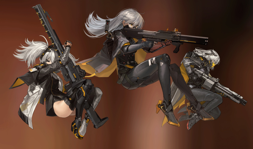 &gt;_&lt; 3girls aiming arm_up assault_rifle badge bangs black_gloves bodysuit brown_background cape closed_eyes cyborg ear_piercing earrings from_side full_body gloves grey_bodysuit grey_cape grey_footwear grey_gloves gun hair_between_eyes hair_ornament highres holding holding_gun holding_weapon jewelry long_hair long_sleeves looking_away mask mechanical mechanical_arm mechanical_arms messy_hair mouth_mask multiple_girls orange_eyes original piercing pouch qiongsheng rifle silver_hair simple_background sniper_rifle strap thigh-highs twintails two-tone_cape weapon yellow_cape yellow_eyes