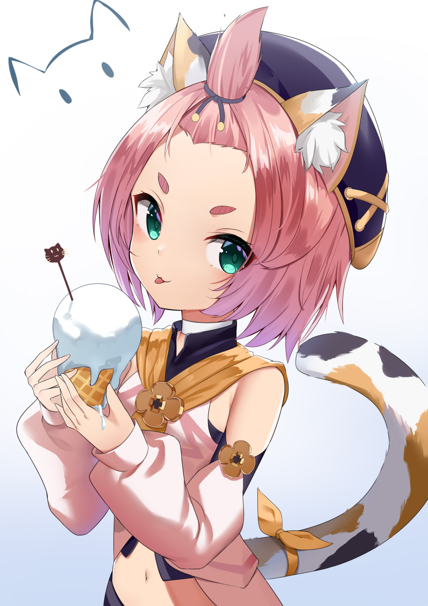 1girl :3 absurdres animal_ear_fluff animal_ears bangs_pinned_back bare_shoulders black_headwear cabbie_hat cat_ears cat_girl cat_tail choker commentary_request detached_sleeves diona_(genshin_impact) forehead genshin_impact gradient gradient_background green_eyes hat highres holding ice_cream_cone looking_at_viewer navel orange_ribbon pink_hair pink_shirt ribbon sakutaishi shiny shiny_hair shirt short_eyebrows short_hair snowball solo stomach tail tail_ornament tail_ribbon thick_eyebrows tongue tongue_out white_background white_choker
