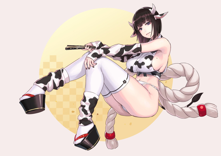 1girl animal_ears animal_print arm_warmers ass bangs bare_shoulders black_eyes black_hair braid breasts checkered chinese_zodiac commentary_request cow_ears cow_girl cow_horns cow_print cow_tail detached_sleeves eyebrows_visible_through_hair fan folding_fan highres horns large_breasts looking_at_viewer mole mole_under_mouth original parted_lips sideboob sitting skindentation smile solo tail thigh-highs year_of_the_ox yuuji_(and)