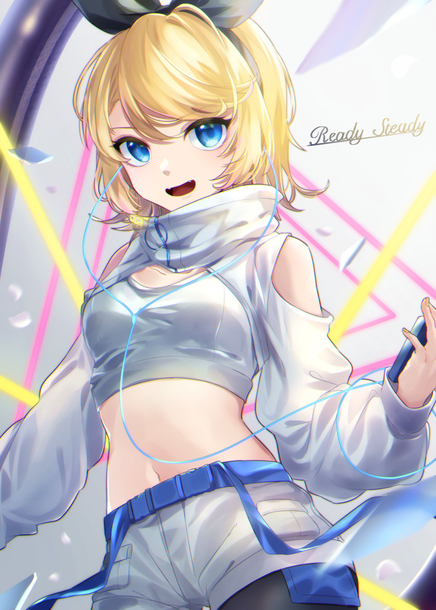 1girl :d absurdres bangs bare_shoulders belt black_legwear blonde_hair blue_belt blue_eyes bow breasts clothing_cutout collarbone commentary cowboy_shot crop_top digital_media_player earphones exposed_pocket eyebrows_visible_through_hair fangs hair_bow high_collar highres holding kagamine_rin long_sleeves looking_at_viewer midriff navel open_mouth pantyhose ready_steady_(vocaloid) short_hair short_shorts shorts shoulder_cutout shrug_(clothing) sidelocks small_breasts smile snap-fit_buckle solo song_name soramame_pikuto sports_bra standing swept_bangs turtleneck vocaloid white_shorts white_sleeves white_sports_bra