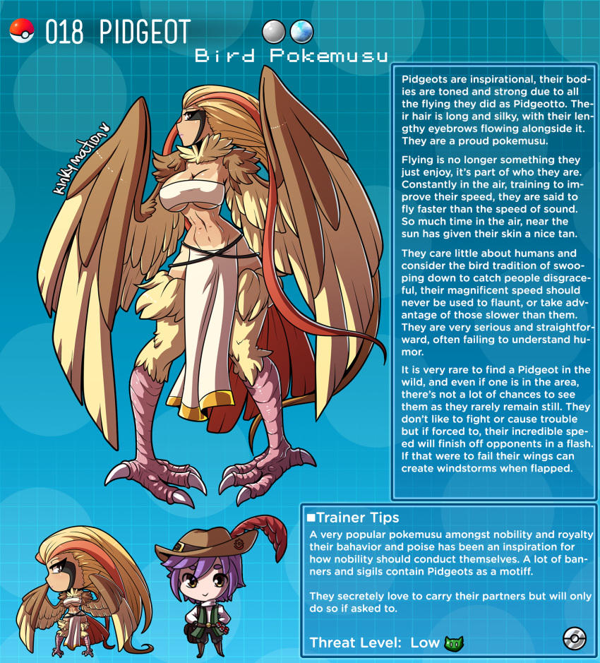 1boy 1girl artist_name bird_legs blonde_hair breasts brown_eyes brown_feathers english_text feathered_wings feathers gen_1_pokemon harpy highres kinkymation large_breasts monster_girl orange_feathers pidgeot poke_ball pokemon purple_hair strapless tail tail_feathers talons tan tanline tubetop wings