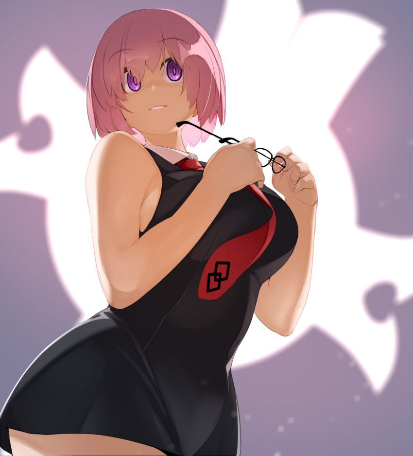 1girl bangs black_dress breasts dress eyewear_removed fate/grand_order fate_(series) hair_over_one_eye highres large_breasts light_purple_hair looking_at_viewer looking_to_the_side mash_kyrielight naze necktie red_neckwear short_hair smile violet_eyes