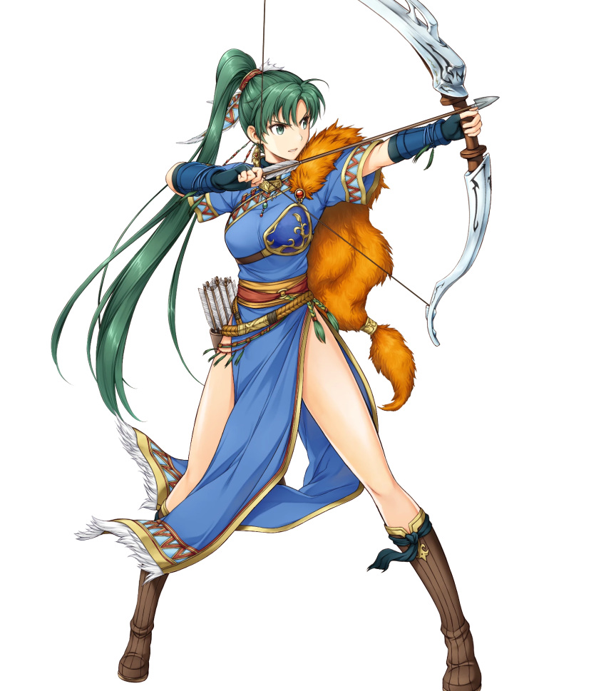 1girl archery armor arrow_(projectile) artist_request bangs beads belt boots bow bow_(weapon) breastplate brown_footwear earrings fingerless_gloves fire_emblem fire_emblem_heroes full_body fur_trim gem gloves green_eyes green_hair hair_ornament highres holding holding_bow_(weapon) holding_weapon jewelry knee_boots long_hair looking_to_the_side lyn_(fire_emblem) necklace nintendo official_art ponytail pose quiver solo standing tassel tied_hair transparent_background vambraces weapon