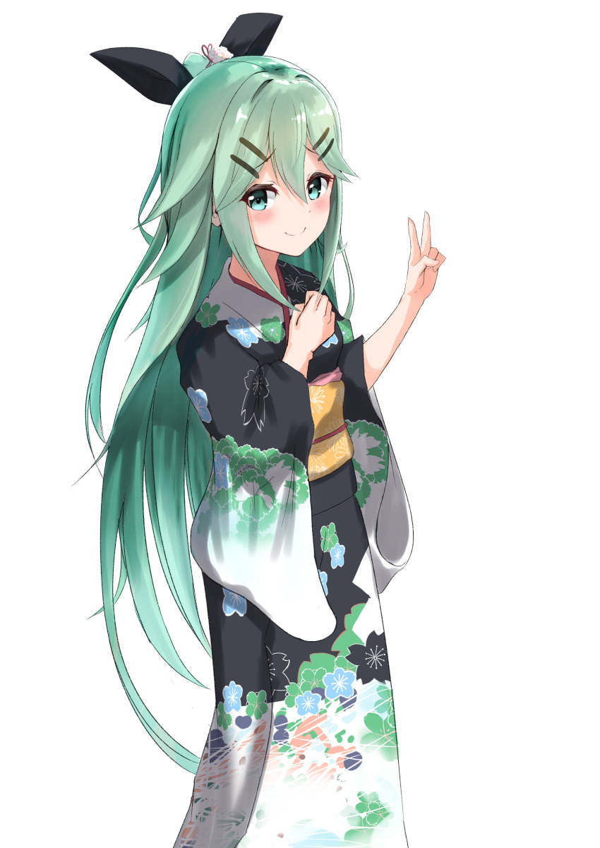 1girl absurdres bangs black_kimono black_ribbon blurry commentary_request depth_of_field floral_print green_eyes green_hair hair_between_eyes hair_ornament hair_ribbon hairclip hand_on_own_chest highres japanese_clothes kantai_collection kimono long_hair morning numarinko ocean outdoors parted_bangs ponytail ribbon sidelocks simple_background solo sunrise v white_background yamakaze_(kantai_collection)