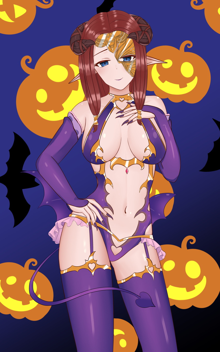 absurdres bat blue_eyes breasts closed_mouth cosplay fate/grand_order fate_(series) fire_emblem fire_emblem_echoes:_shadows_of_valentia halloween halloween_costume halloween_princess_(fate/grand_order) heart highres horns jack-o'-lantern large_breasts nuibaba pointy_ears purple_hair purple_nails simple_background tanaka313