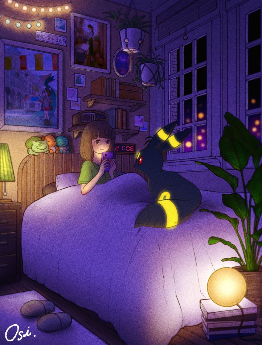 1girl alarm_clock annotated artist_name bangs bedroom blunt_bangs bob_cut book brown_eyes brown_hair bulbasaur cellphone charizard clock commentary gen_1_pokemon gen_2_pokemon gloria_(pokemon) highres holding holding_phone indoors lamp medium_hair night on_bed open_mouth oshiruko_(oshiruko_s2) phone picture_frame plant pokemon potted_plant sandals signature sitting smartphone smile solo squirtle starter_pokemon_trio symbol_commentary umbreon under_covers window