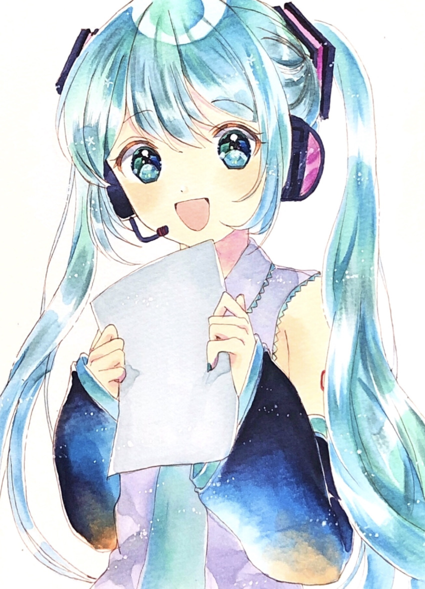 1girl :d aqua_eyes aqua_hair aqua_neckwear collared_shirt detached_sleeves eyebrows_visible_through_hair green_nails grey_shirt hatsune_miku highres holding holding_paper konpeito1025 long_hair long_sleeves marker_(medium) necktie open_mouth paper shirt smile solo traditional_media twintails vocaloid white_background