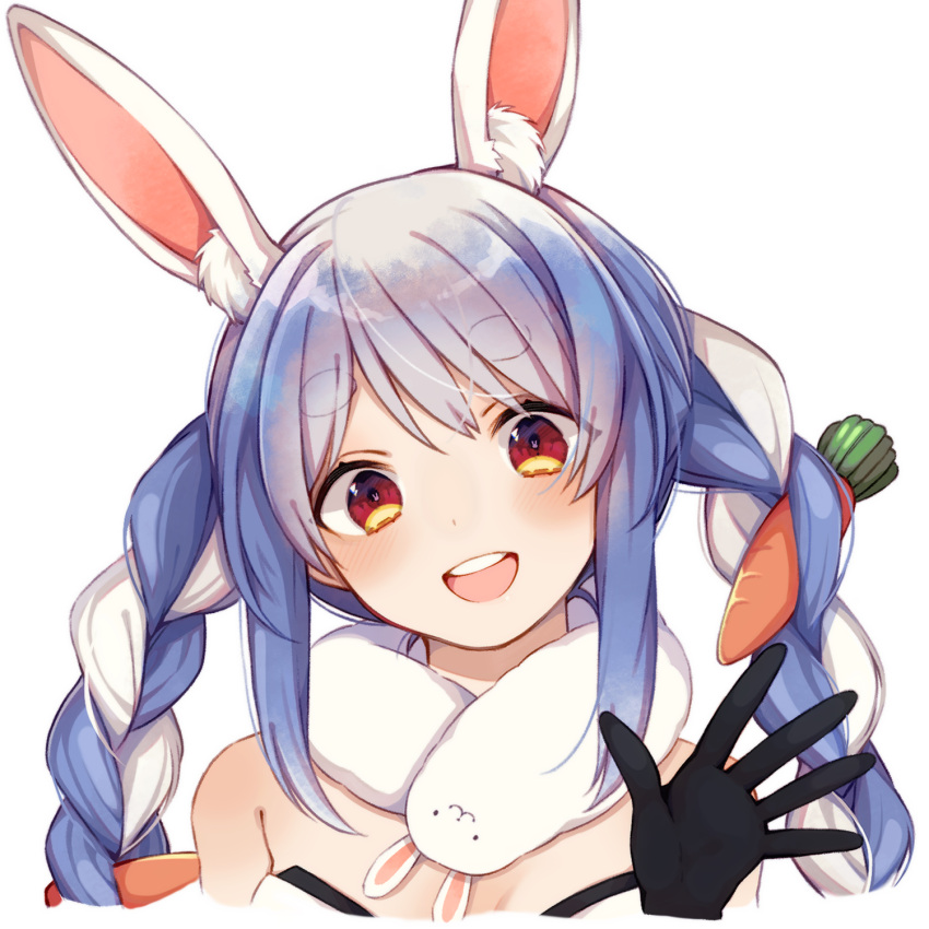 1girl :d animal_ear_fluff animal_ears bare_shoulders black_gloves blue_hair braid carrot_hair_ornament commentary_request cropped_shoulders don-chan_(usada_pekora) dot_nose eyebrows_visible_through_hair food_themed_hair_ornament fur_scarf gloves hair_ornament hand_up head_tilt highres hikimayu hololive kurumikko light_blush long_hair looking_at_viewer multicolored_hair multiple_braids open_mouth portrait rabbit_ears rabbit_girl red_eyes short_eyebrows simple_background sleeveless smile solo thick_eyebrows twin_braids two-tone_hair usada_pekora virtual_youtuber waving white_background white_hair