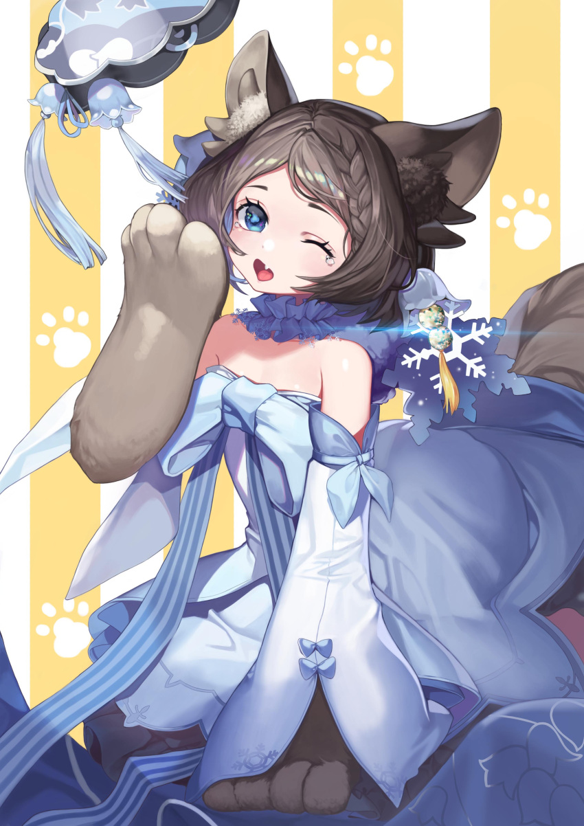 1girl absurdres animal_ears blue_dress blue_eyes brown_hair cat_ears cat_girl cat_paws cat_tail character_request chicken_(dalg-idalg) dress forever_7th_capital highres looking_at_viewer one_eye_closed open_mouth paws short_hair simple_background sitting solo tail tears yawning