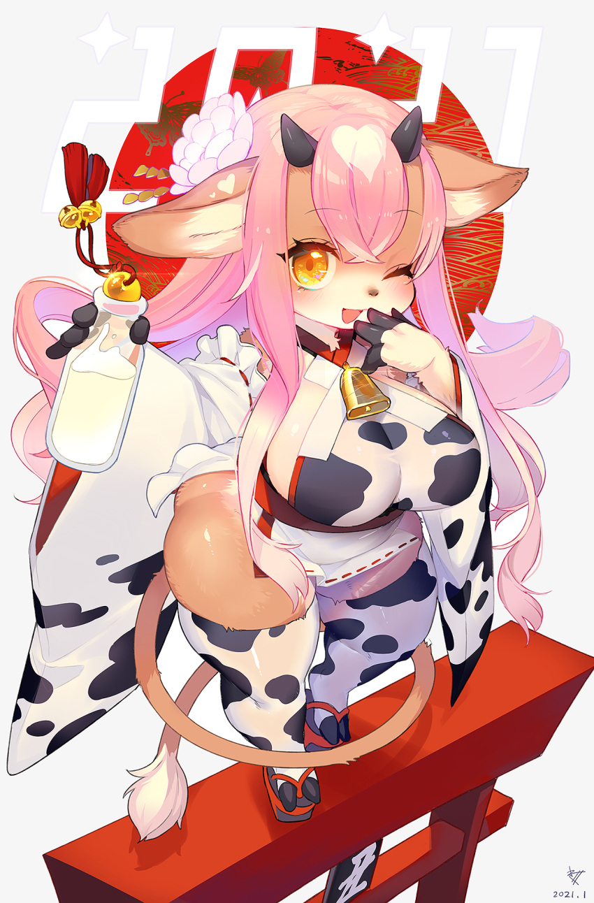 1girl animal_print arm_up bell bottle breasts brown_eyes commentary_request cow_girl cow_print cow_tail detached_sleeves flower full_body furry hair_flower hair_ornament hand_to_own_mouth highres hooves jingle_bell kishibe large_breasts long_hair milk_bottle new_year one_eye_closed open_mouth original pink_hair sandals smile solo tail tail_around_leg thick_thighs thigh-highs thighs torii very_long_hair white_legwear white_sleeves