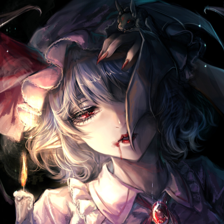 1girl absurdres animal animal_on_hand bangs bat bat_wings blood blood_on_face blue_hair brooch candle candlelight collared_shirt dark dutch_angle eyebrows_behind_hair fangs frilled_shirt_collar frills half-closed_eye hat hat_ribbon highres jewelry kyogoku-uru light_purple_hair lipstick looking_at_viewer looking_away makeup mob_cap neck_ribbon one_eye_covered parted_lips pentagram pink_headwear pointy_ears portrait red_eyes red_lips red_lipstick red_nails red_neckwear red_ribbon remilia_scarlet ribbon shiny shiny_hair shirt short_hair slit_pupils solo touhou vampire very_long_fingernails wavy_hair wing_collar wings