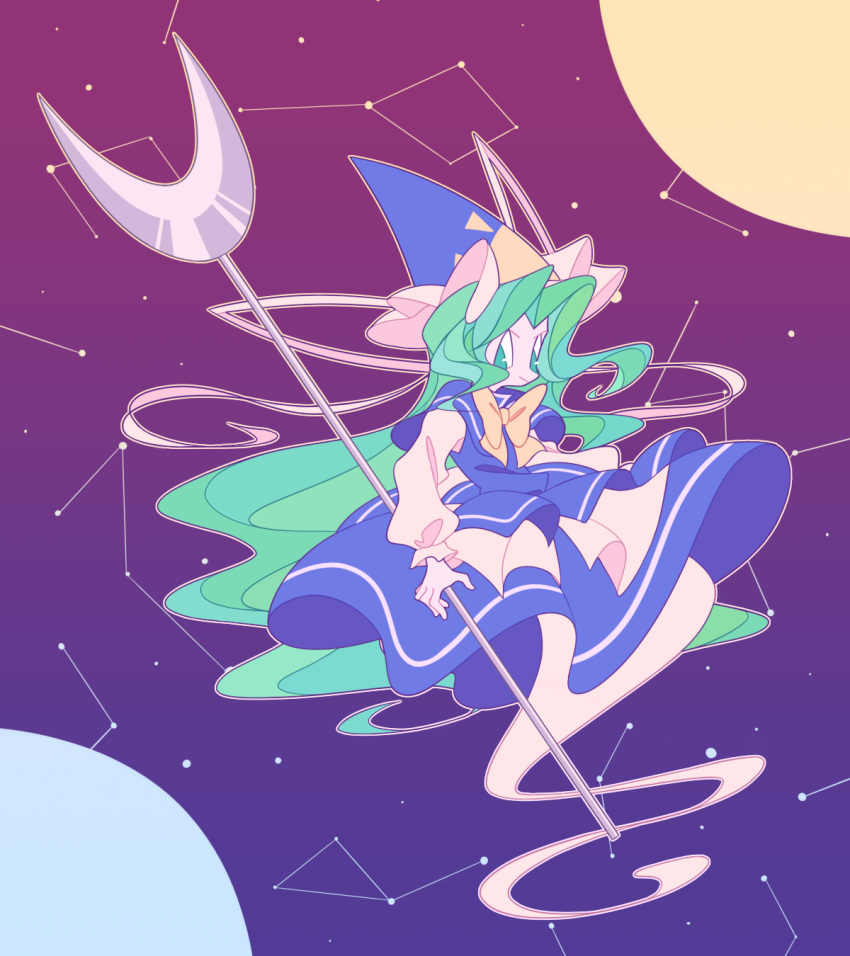 1girl blue_dress bow capelet closed_mouth constellation crescent dress frilled_sleeves frills ghost green_eyes green_hair guuchama hat highres long_hair long_sleeves mima_(touhou) solo staff touhou very_long_hair wavy_hair wizard_hat yellow_bow