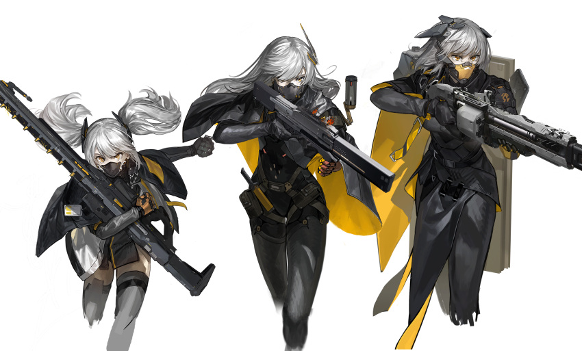 3girls absurdres assault_rifle bangs belt belt_buckle black_belt bodysuit buckle cape cyborg dress explosive gloves grenade grey_cape grey_dress grey_gloves grey_legwear gun hair_between_eyes hair_ornament highres holding holding_grenade holding_gun holding_weapon long_hair long_sleeves looking_at_viewer looking_away mask mechanical mechanical_arm messy_hair mouth_mask multiple_girls orange_eyes original pouch qiongsheng rifle scope silver_hair simple_background sniper_rifle strap thigh-highs twintails two-tone_cape weapon white_background yellow_cape yellow_eyes zettai_ryouiki