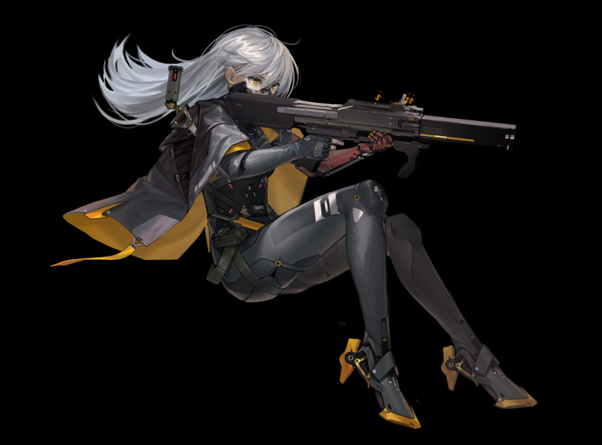 1girl aiming assault_rifle bangs black_background bodysuit cape ear_piercing earrings full_body gloves grey_bodysuit grey_footwear grey_gloves gun hair_between_eyes highres holding holding_gun holding_weapon jewelry long_sleeves mask mechanical mechanical_arm mouth_mask orange_eyes original piercing pouch qiongsheng rifle silver_hair simple_background solo strap trigger_discipline two-tone_cape weapon yellow_cape