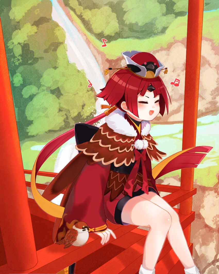 1girl architecture bare_legs benienma_(fate/grand_order) bird bird_hat blonde_hair blush capelet cliff closed_eyes collared_capelet commentary dress east_asian_architecture fate/grand_order fate_(series) fur-trimmed_collar gradient_hair hat highres long_sleeves multicolored_hair musical_note open_mouth pom_pom_(clothes) ponytail red_capelet red_dress red_headwear redhead short_hair sitting sleeves_past_wrists smile socks solo sparrow spoken_musical_note teppie_(hoi_teppie) tree water waterfall white_legwear wide_sleeves