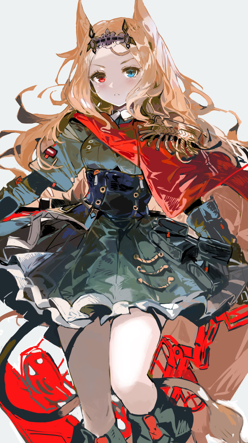 absurdres alchemaniac archetto_(arknights) arknights blue_eyes boots bow_(weapon) brown_hair compound_bow dress grey_dress grey_footwear highres holding holding_bow_(weapon) holding_weapon long_hair red_eyes short_dress tail thighs weapon white_background
