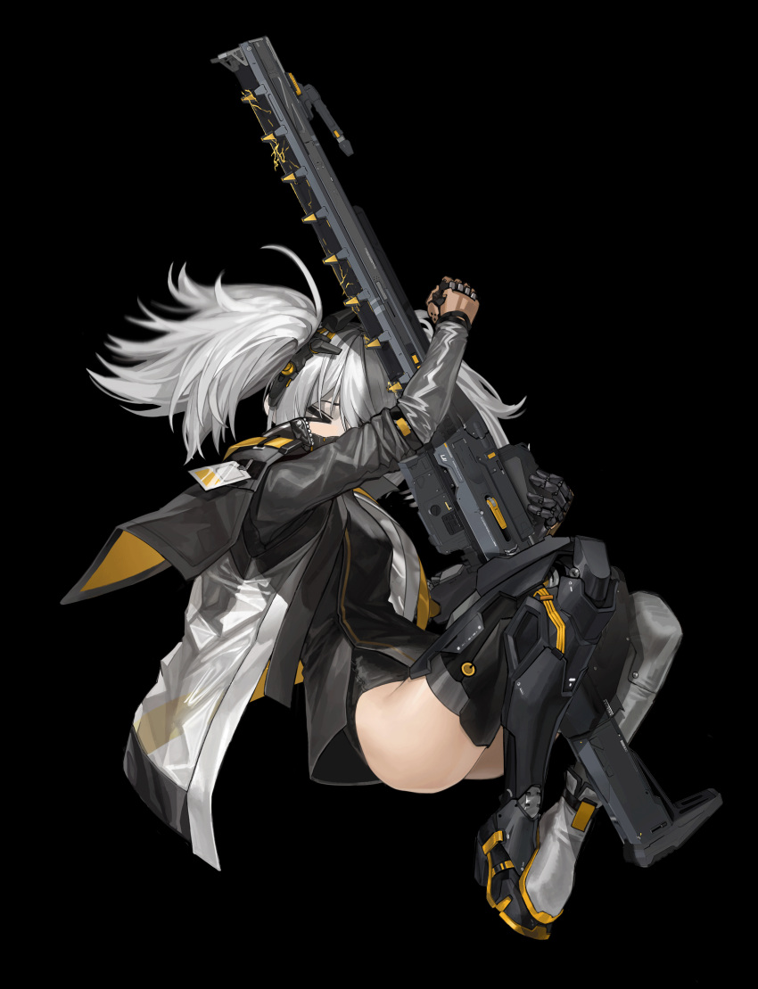 &gt;_&lt; 1girl absurdres arm_up badge bangs black_background boots cape closed_eyes full_body grey_cape grey_footwear gun hair_between_eyes hair_ornament highres holding holding_gun holding_weapon long_sleeves mask mechanical_arms messy_hair mouth_mask original qiongsheng rifle scope silver_hair simple_background sniper_rifle solo thigh-highs twintails weapon