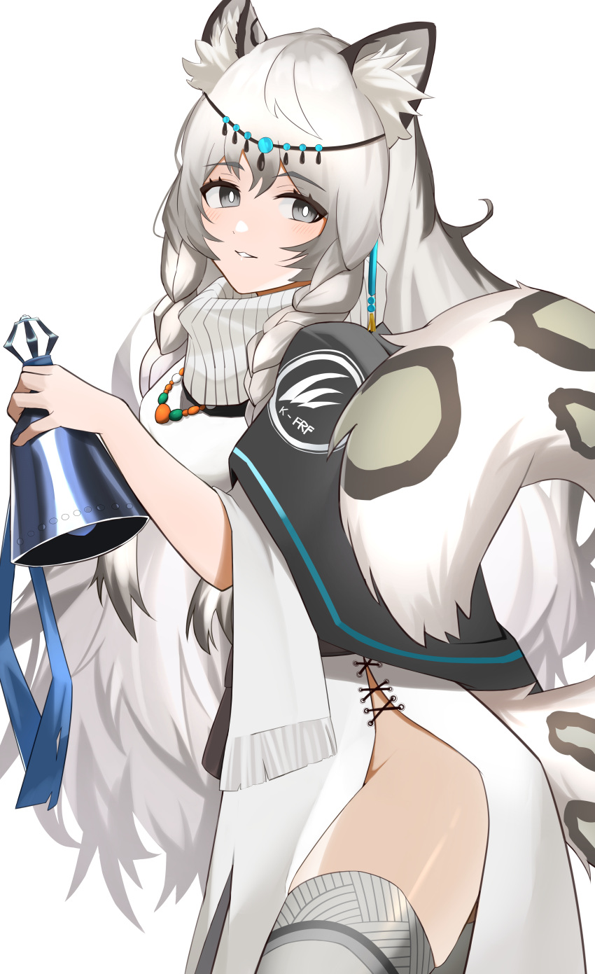 1girl absurdres animal_ear_fluff animal_ears arknights bangs bead_necklace beads bell black_capelet braid capelet cowboy_shot dress eyebrows_visible_through_hair grey_eyes grey_legwear hair_between_eyes head_chain highres holding holding_bell huge_filesize jewelry leopard_ears leopard_tail long_hair long_sleeves looking_at_viewer necklace pramanix_(arknights) ryuya silver_hair simple_background smile solo tail thigh-highs thighs turtleneck twin_braids white_background white_dress zettai_ryouiki